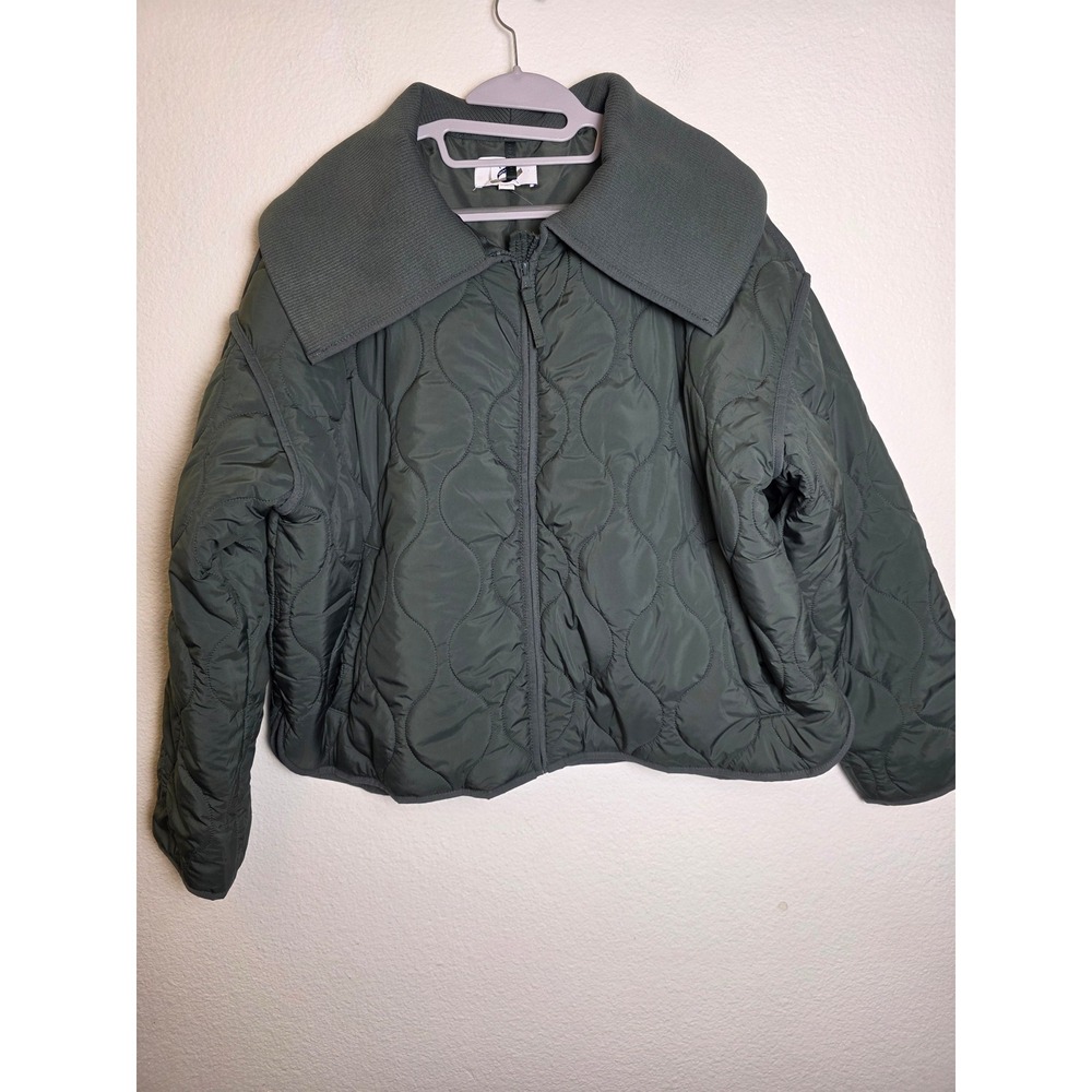 Lou & Grey Quilted Puffer Jacket Green Ribbed Knit Collar XLP Petite